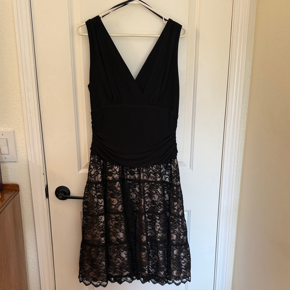 SLNY Black and Cream Lace Mini Dress